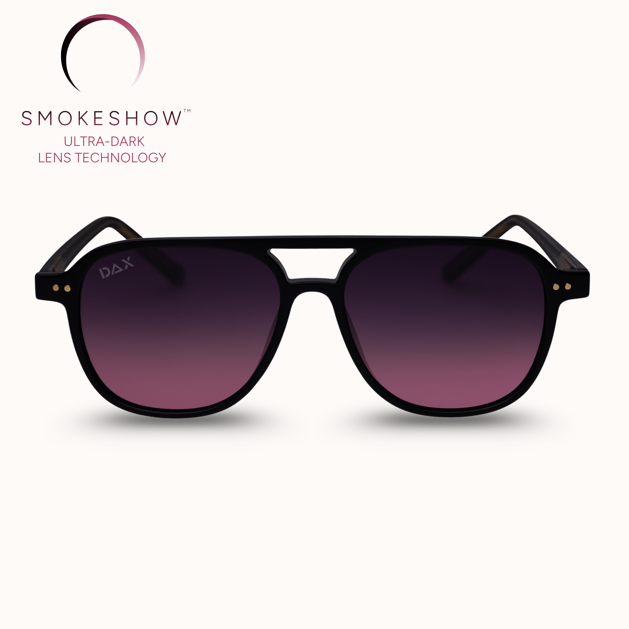 Black sunglasses with gradient purple lenses on a white background, featuring the Smokeshow brand.