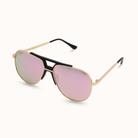 Aviator sunglasses with gold frame and pink lenses on a white background