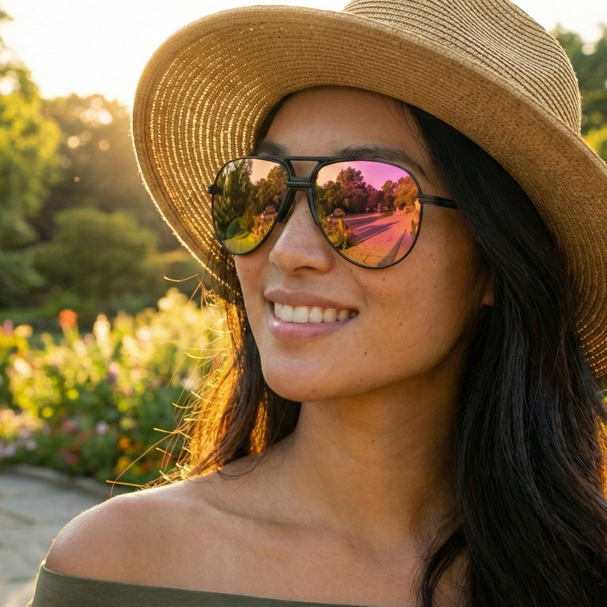 Woman wearing a straw hat and sunglasses with a blurred natural background