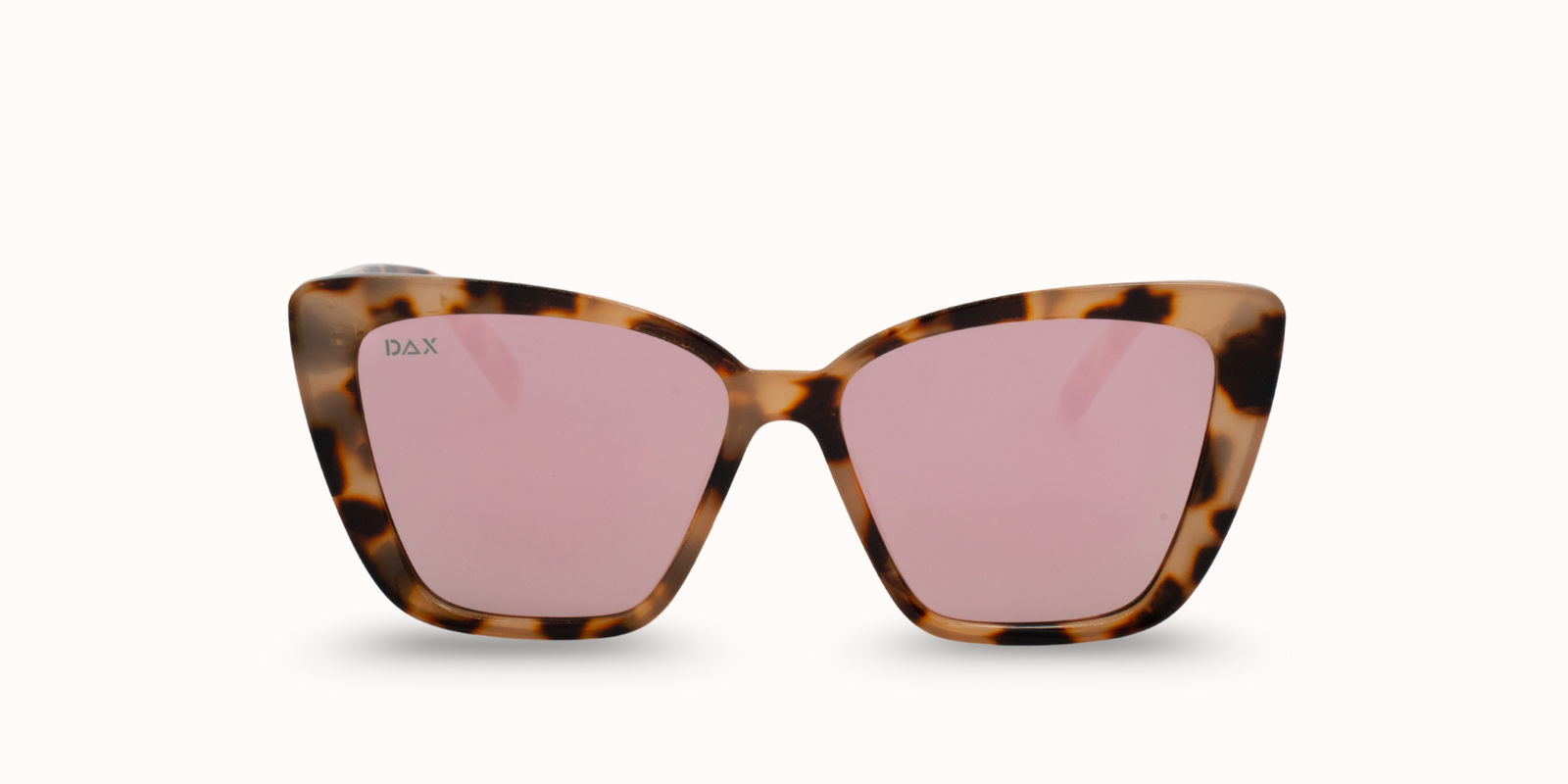 Sunglasses with tortoiseshell frame and pink lenses on a white background
