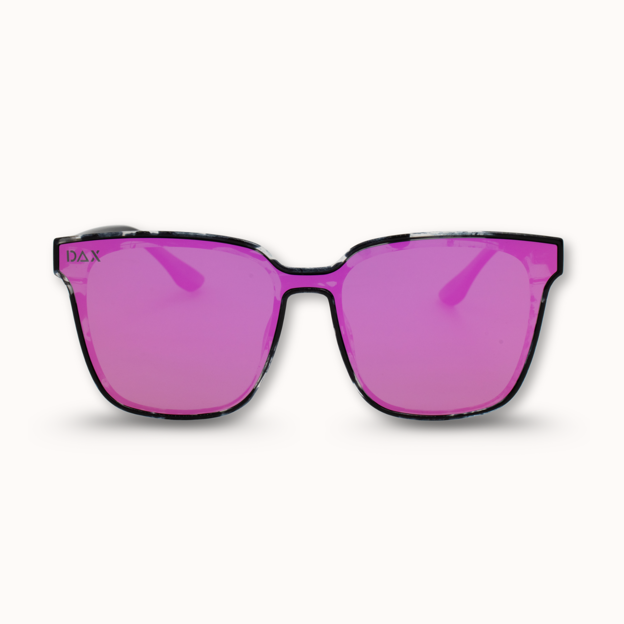 Sunglasses with pink lenses and black frame on a white background