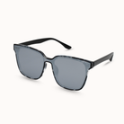 Sunglasses with black frame and gray lenses on a white background