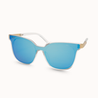 Sunglasses with blue lenses and gold frame on a white background