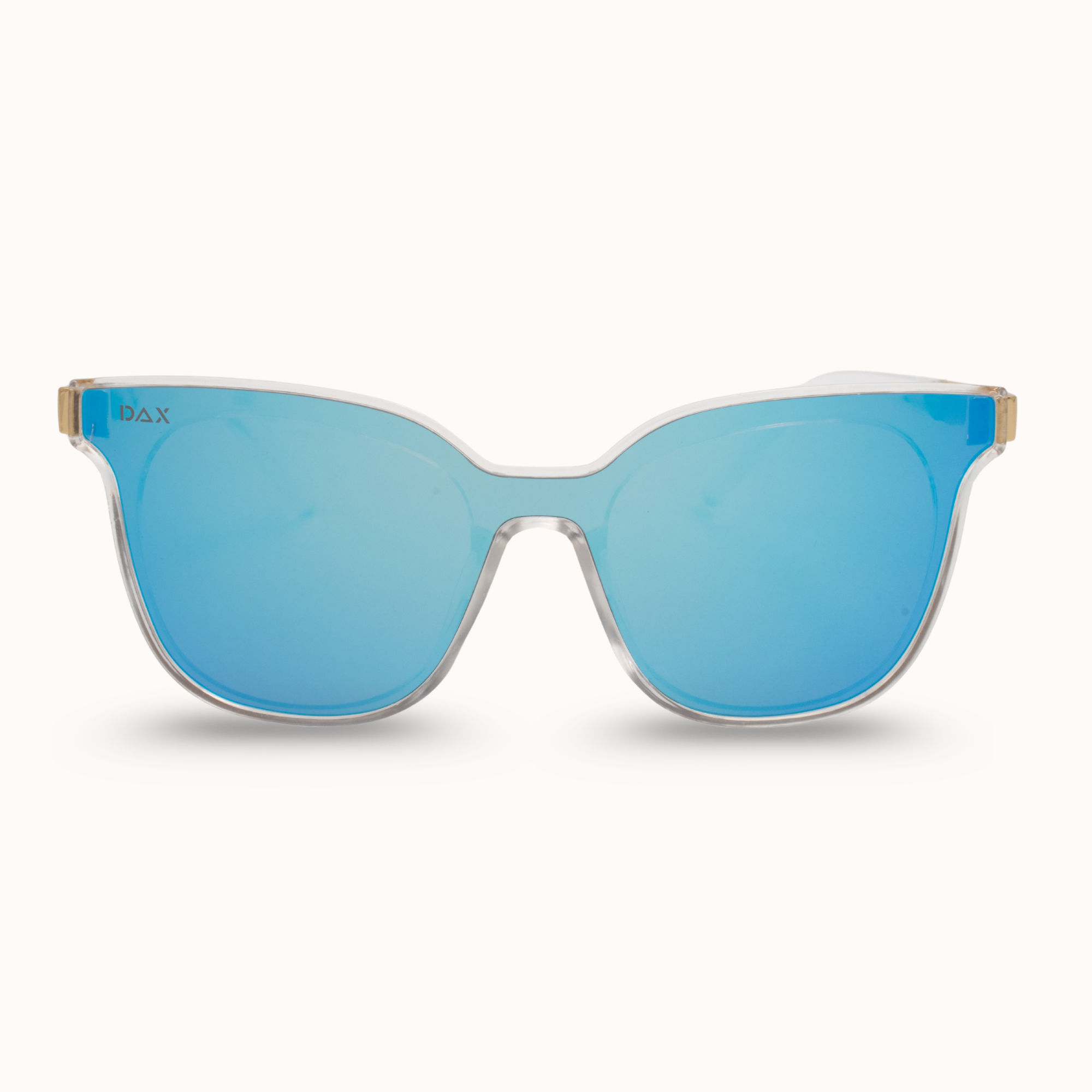 Sunglasses with blue lenses and gold frame on a white background