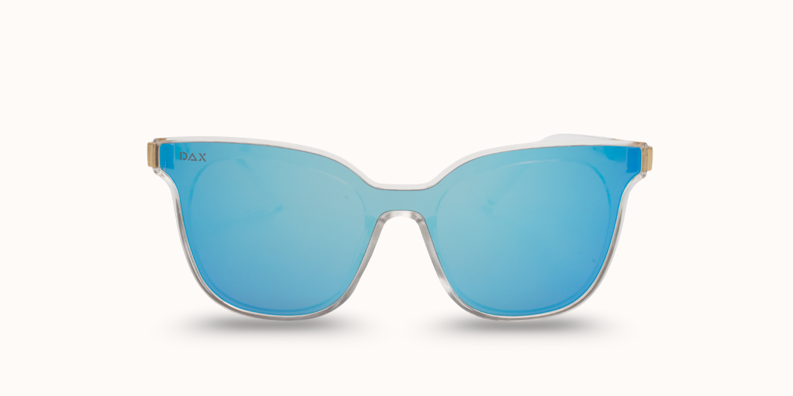 Sunglasses with blue lenses and gold frame on a white background