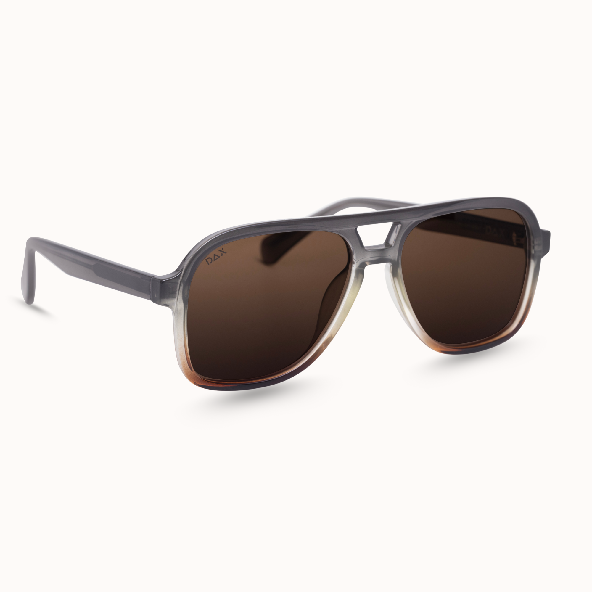 Sunglasses with dark lenses and gray frame on a white background