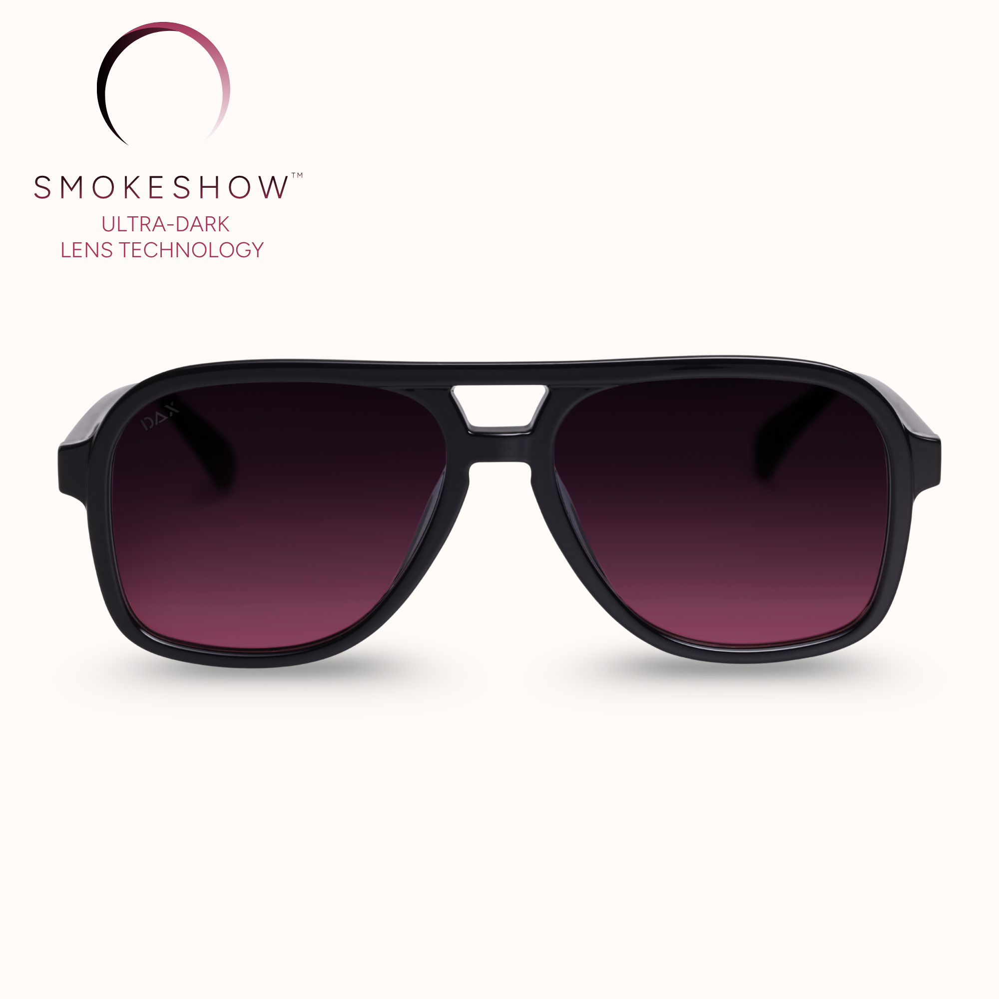 Black sunglasses with dark lenses on a white background, featuring the Smokeshow logo.