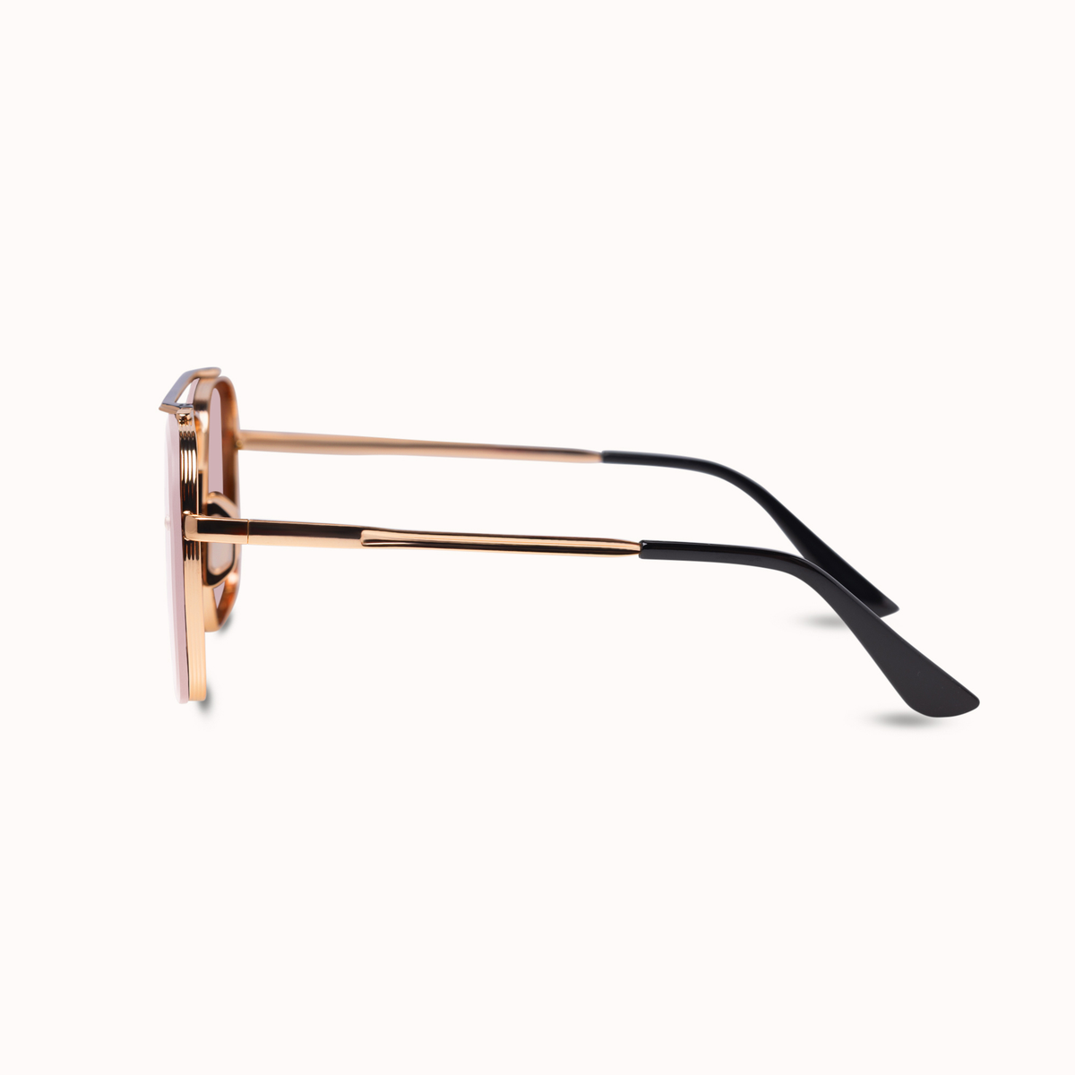 A pair of square-frame sunglasses shown in side profile on a clean white background. The frames are made of rose gold metal, with black temple arms and black temple tips.