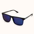 Black sunglasses with blue lenses on a white background