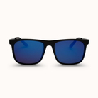 Black sunglasses with blue lenses on a white background
