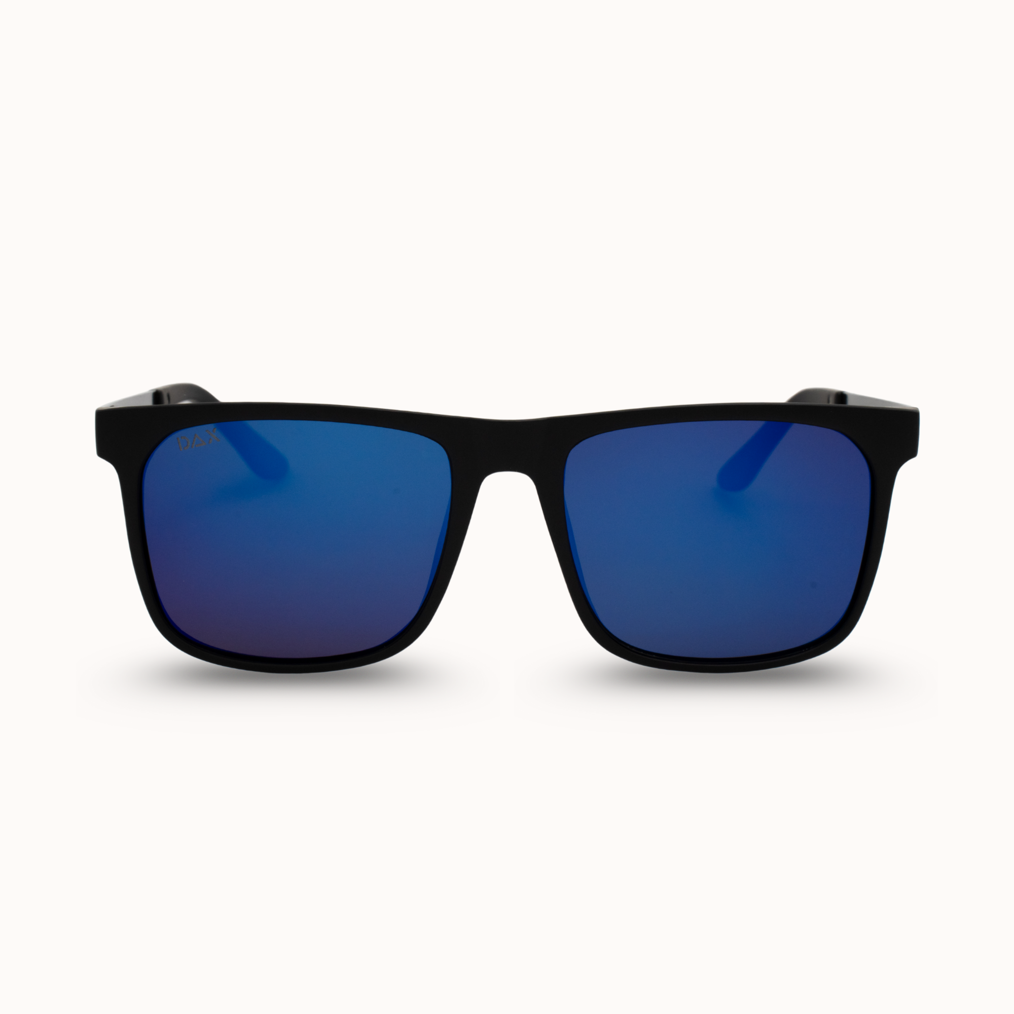 Black sunglasses with blue lenses on a white background