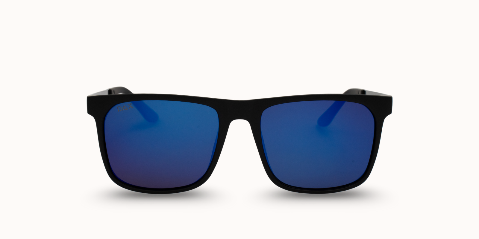 Black sunglasses with blue gradient lenses on a white background