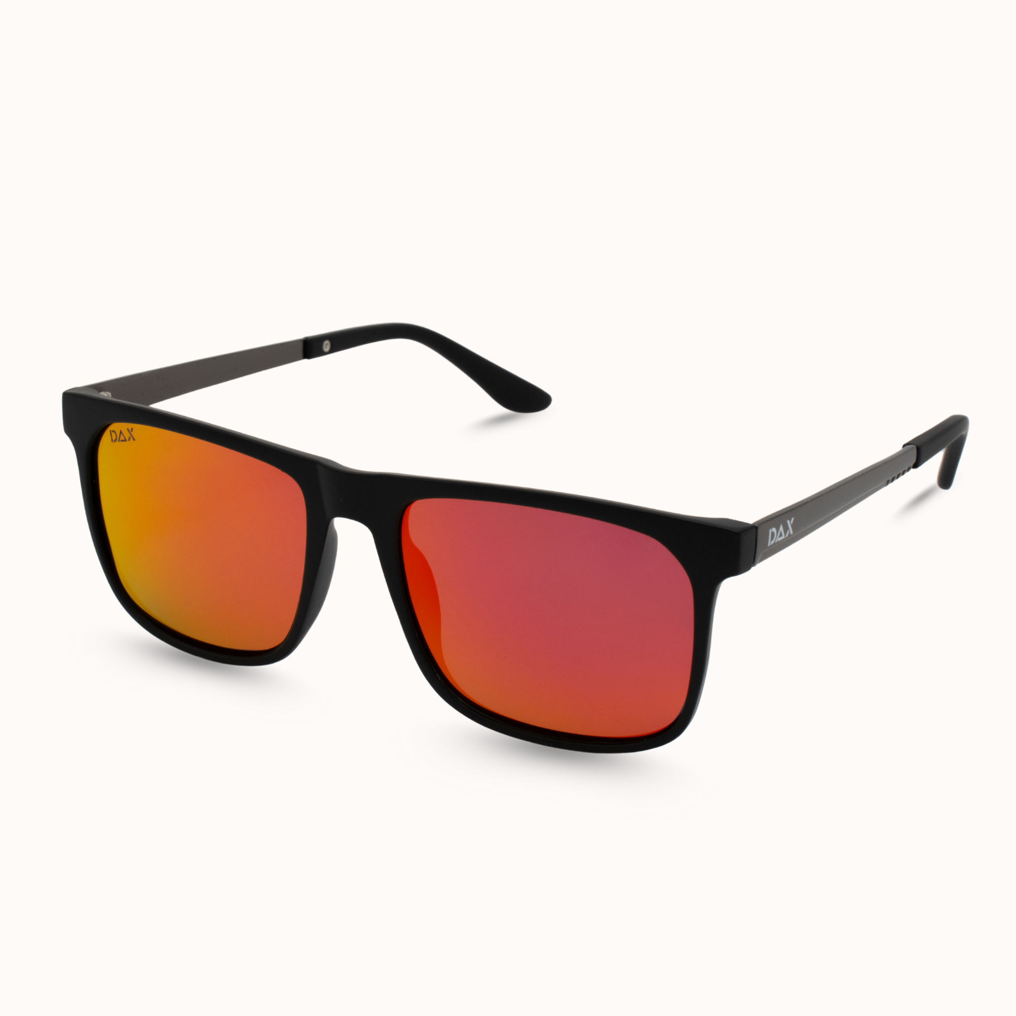 Black sunglasses with red-tinted lenses on a white background
