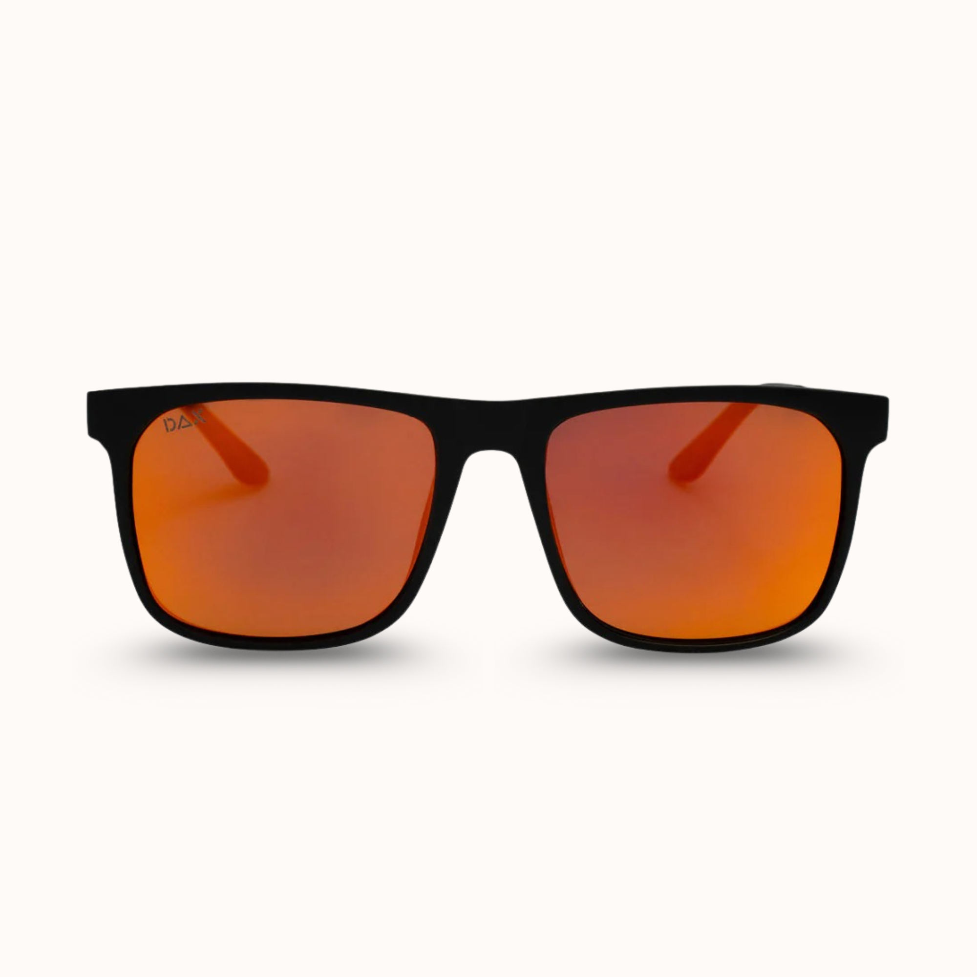 Sunglasses with black frame and orange lenses on a white background