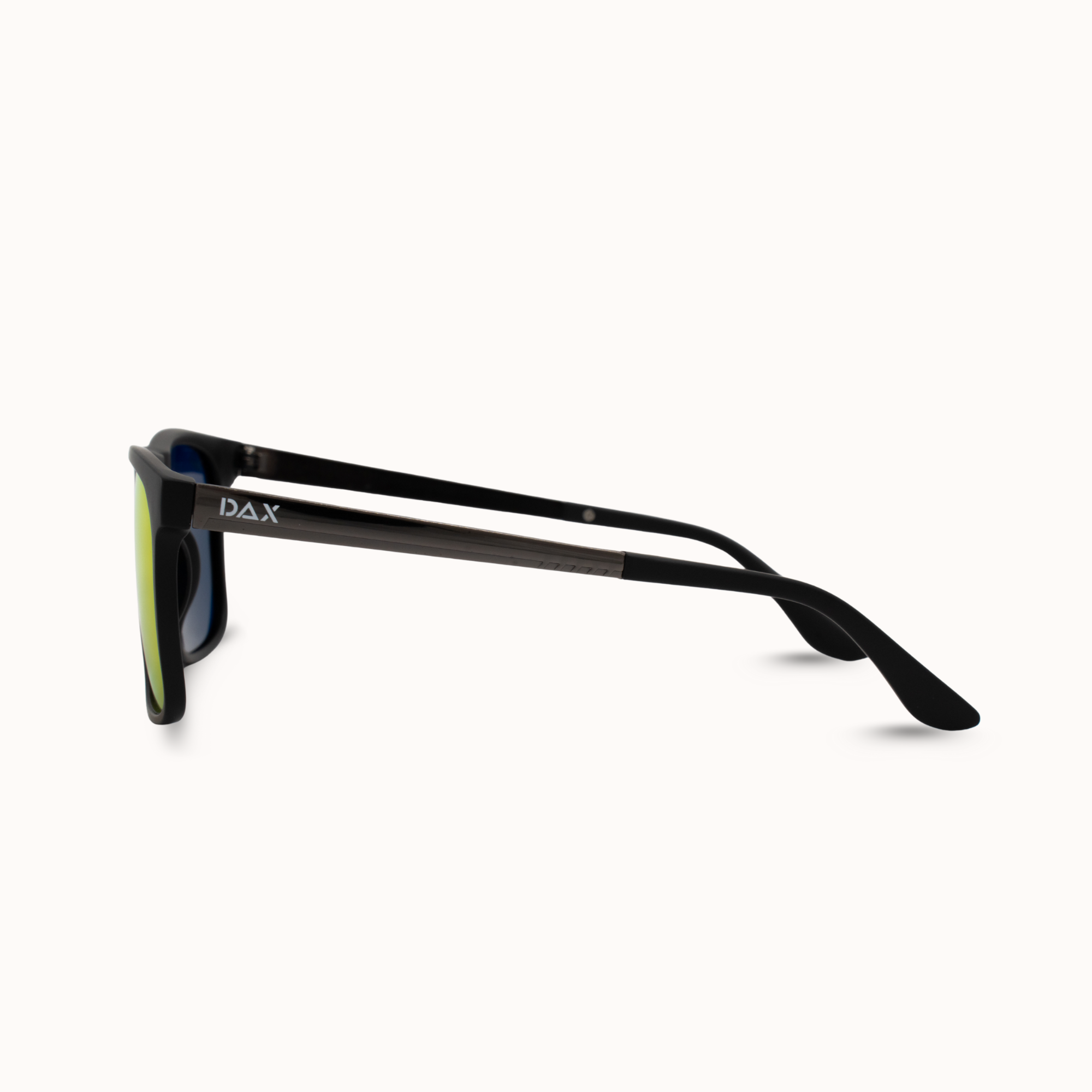 Black sunglasses with 'DAX' branding on a white background