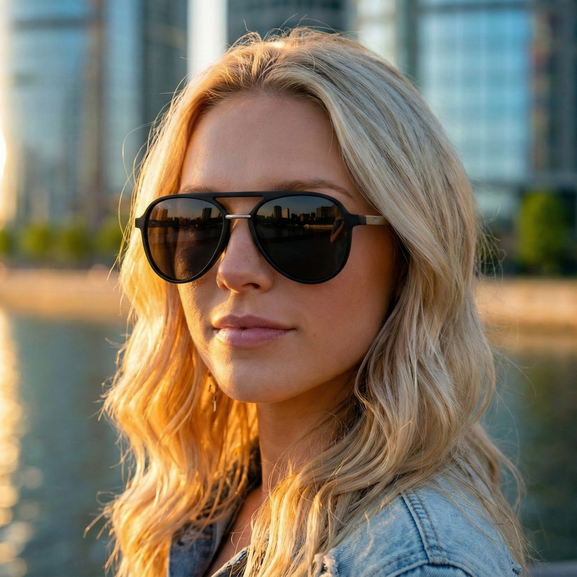 Woman wearing sunglasses with a city skyline reflection, standing by a waterfront.