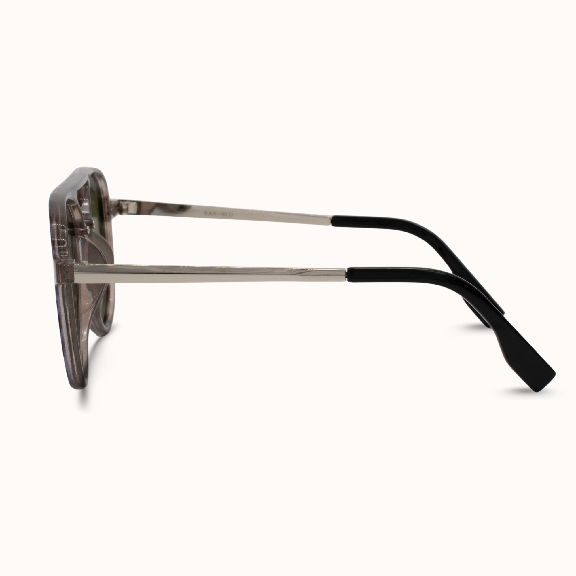 Sunglasses with black frame and gray lenses on a white background