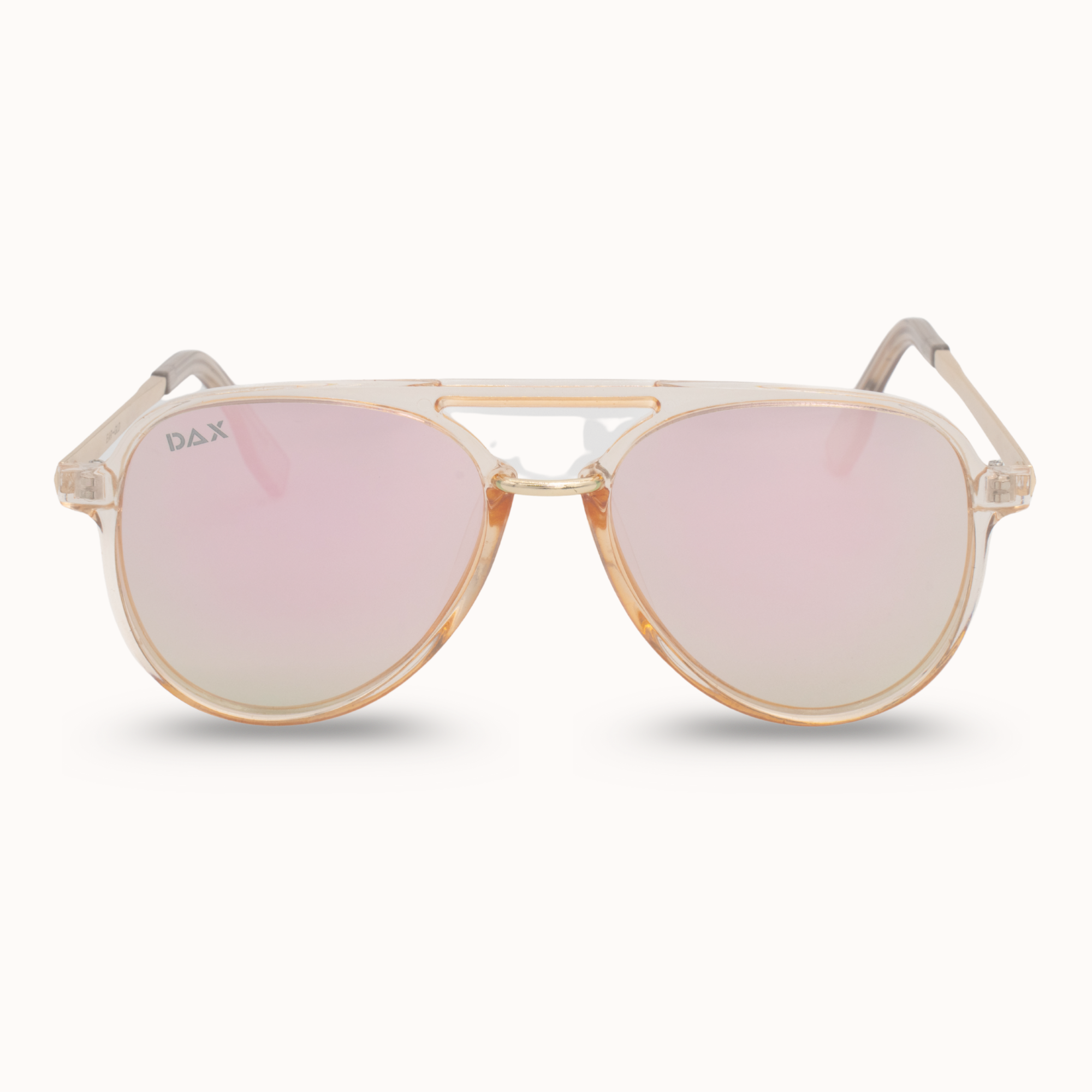 Sunglasses with gold frame and pink lenses on a white background
