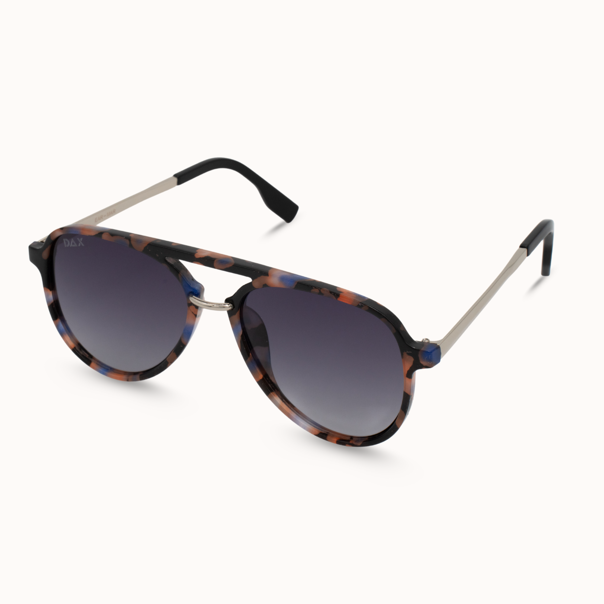 Sunglasses with tortoiseshell frame and dark lenses on a white background