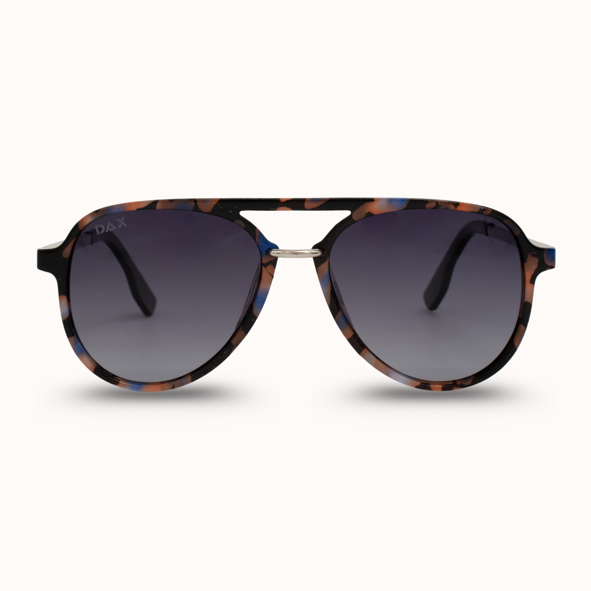 Sunglasses with tortoiseshell frame and dark lenses on a white background