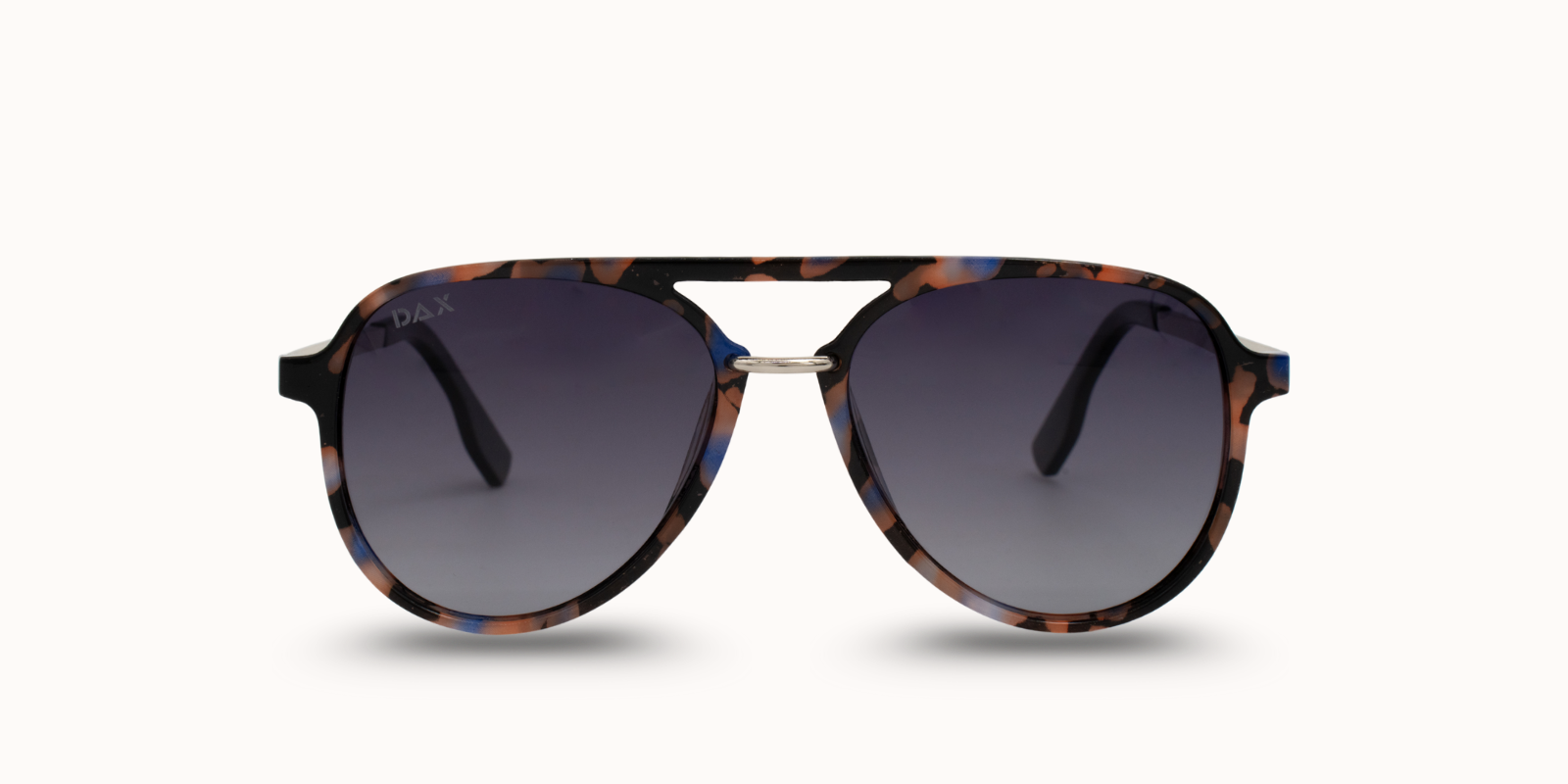Sunglasses with tortoiseshell frame and dark lenses on a white background