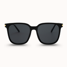 Black sunglasses with gold accents on a white background