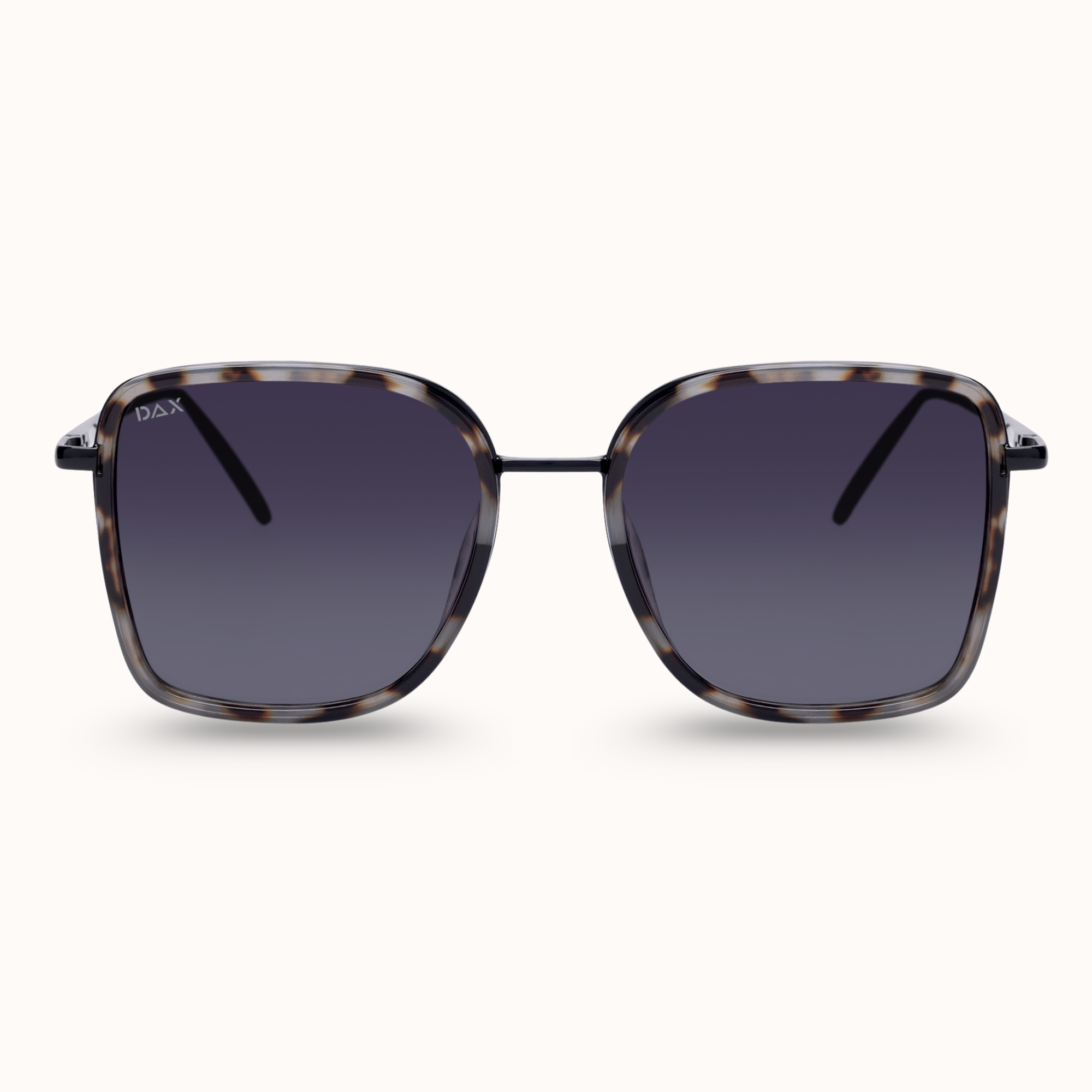 Sunglasses with tortoiseshell frame and dark lenses on a white background