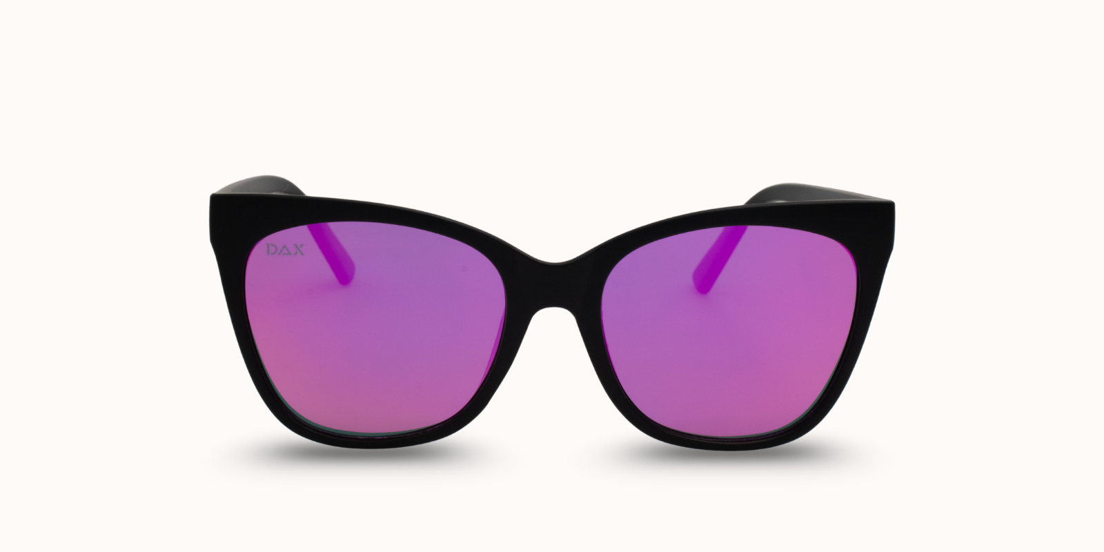 Black cat-eye sunglasses with purple lenses on a white background