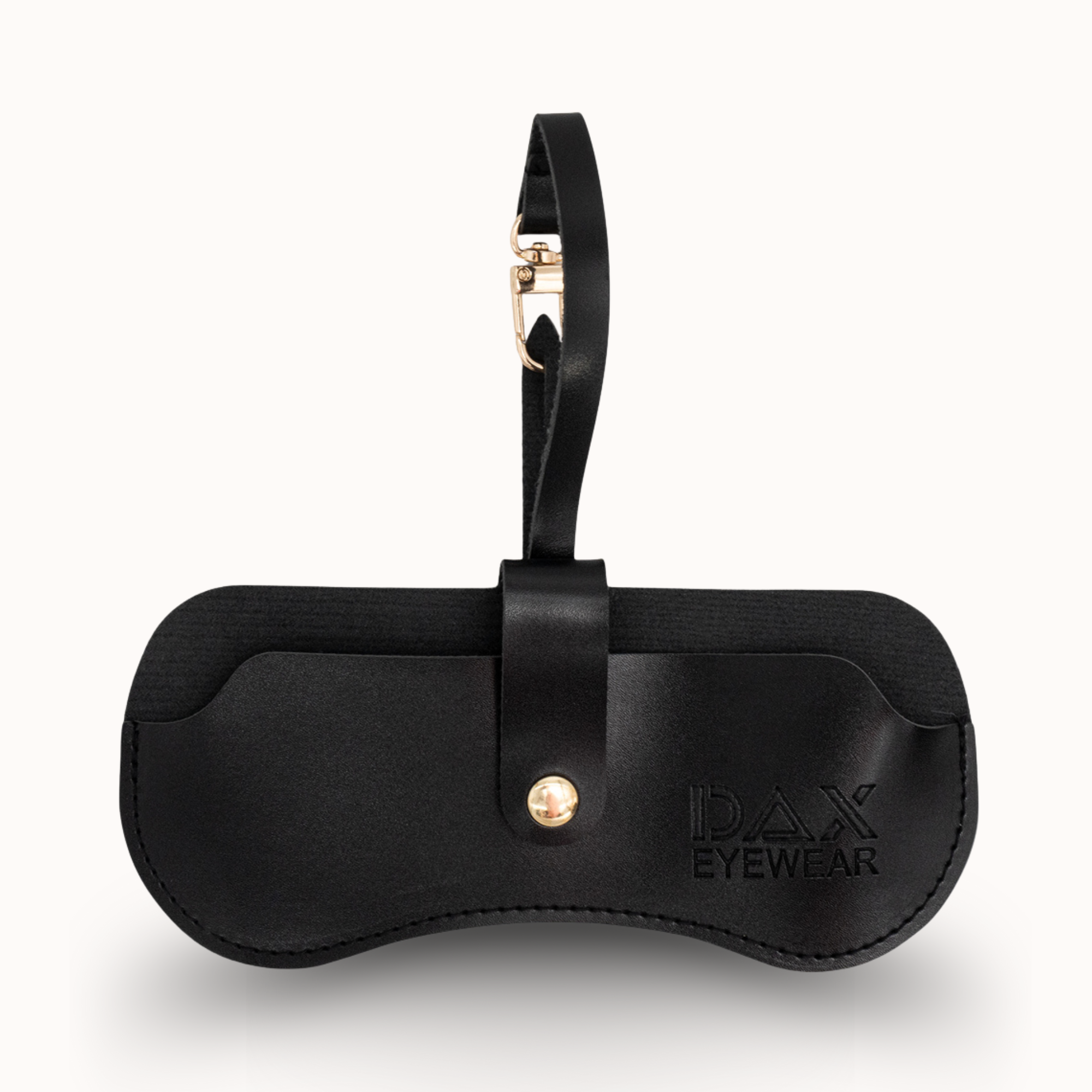Black eyewear case with 'DAX EYEWEAR' branding on a white background