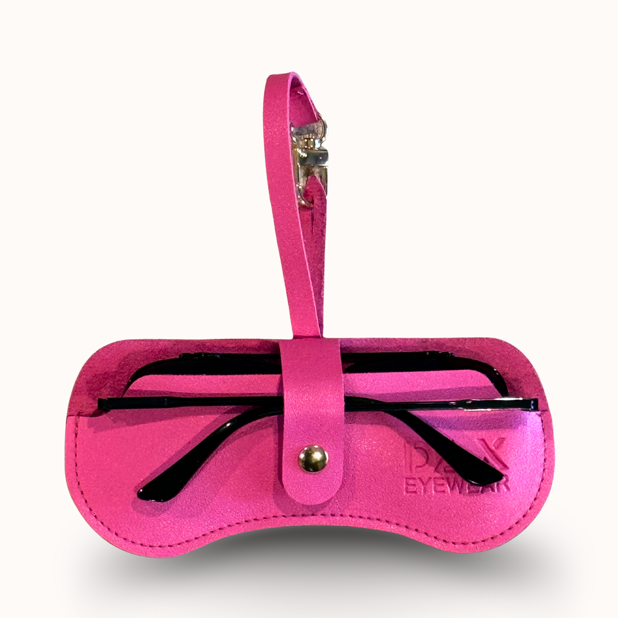 Pink sunglasses case with black lenses on a white background