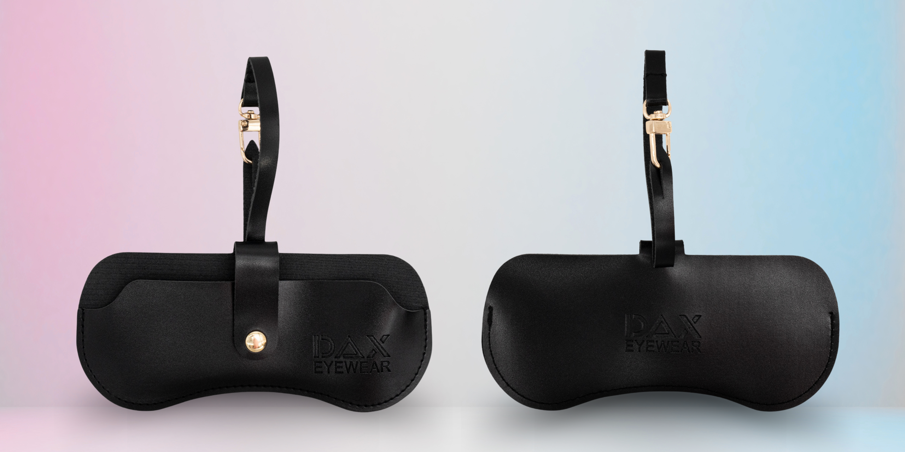 Two black leather eyewear cases with gold accents on a gradient background