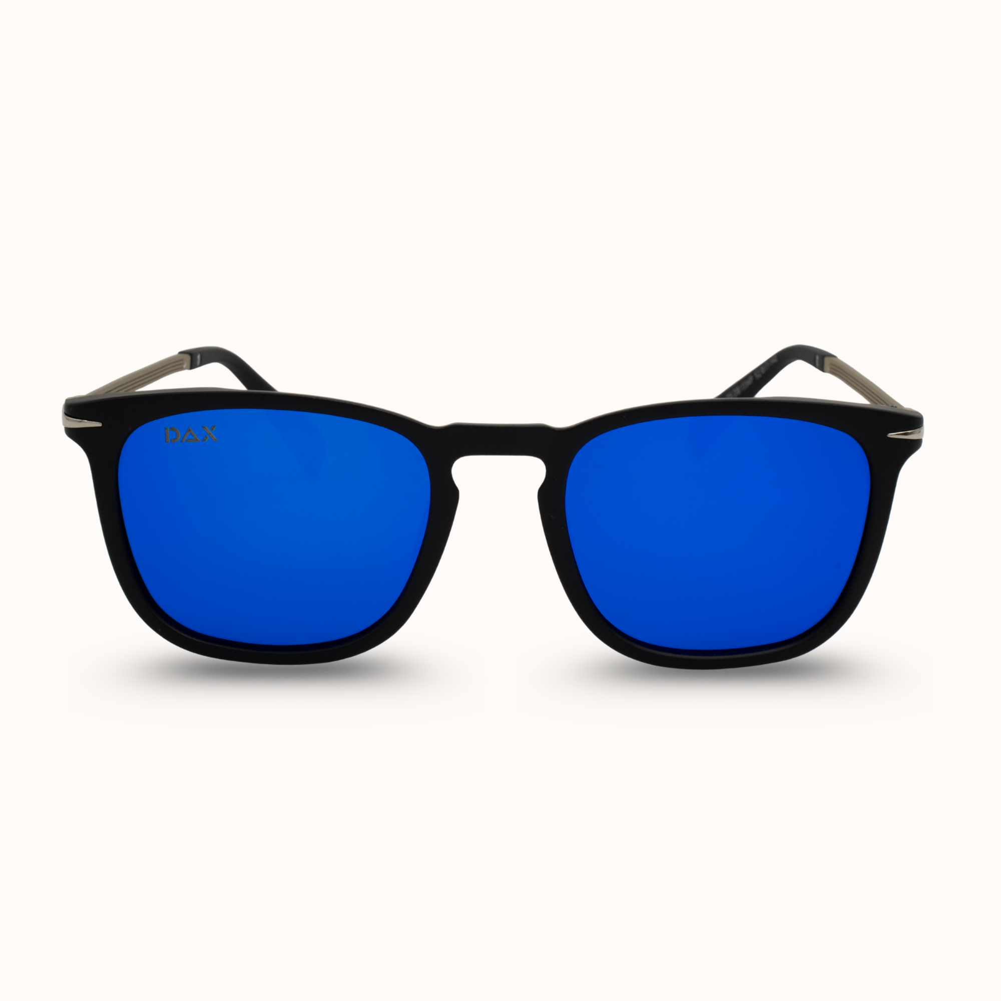 Black-framed sunglasses with blue lenses on a white background