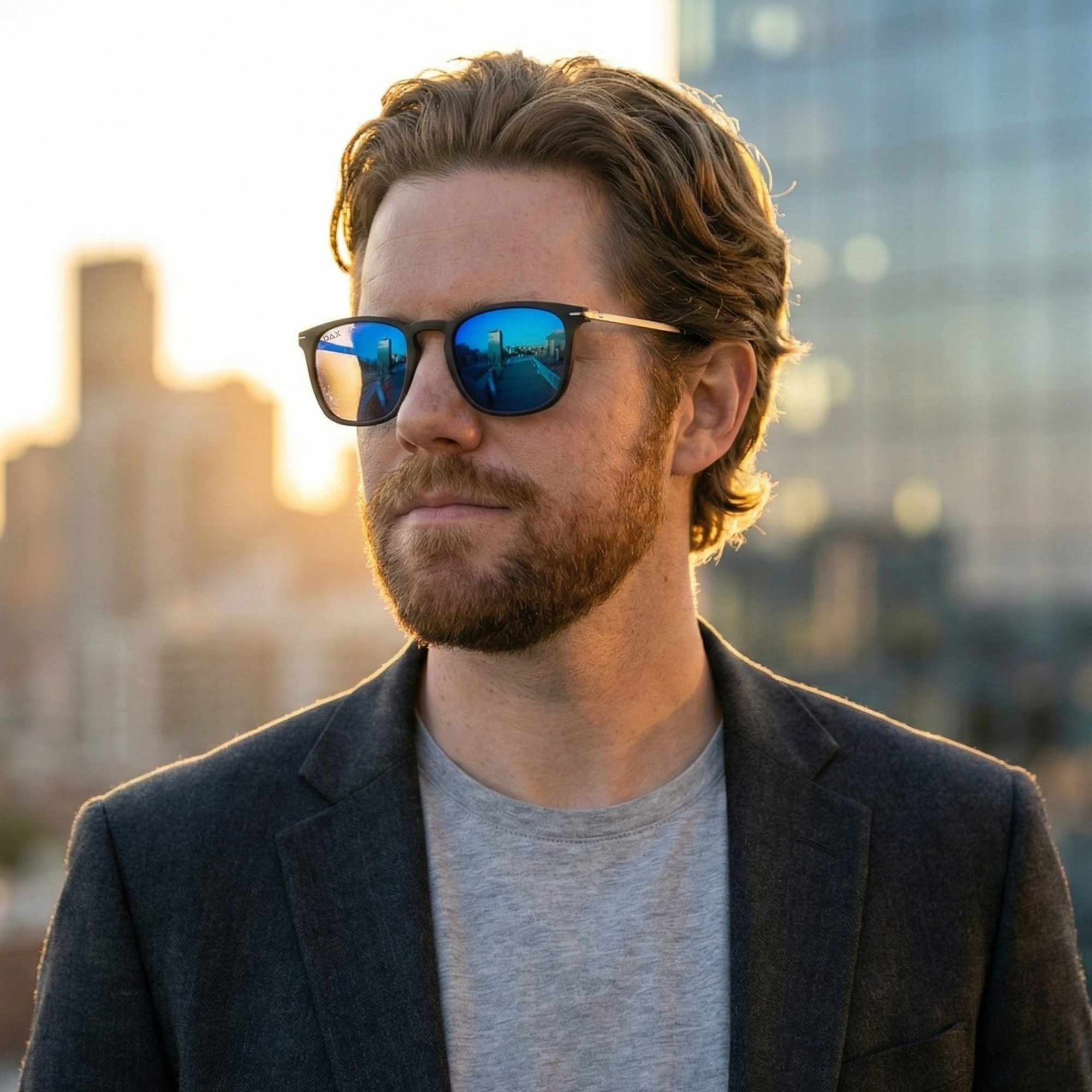 Man wearing sunglasses with a cityscape in the background