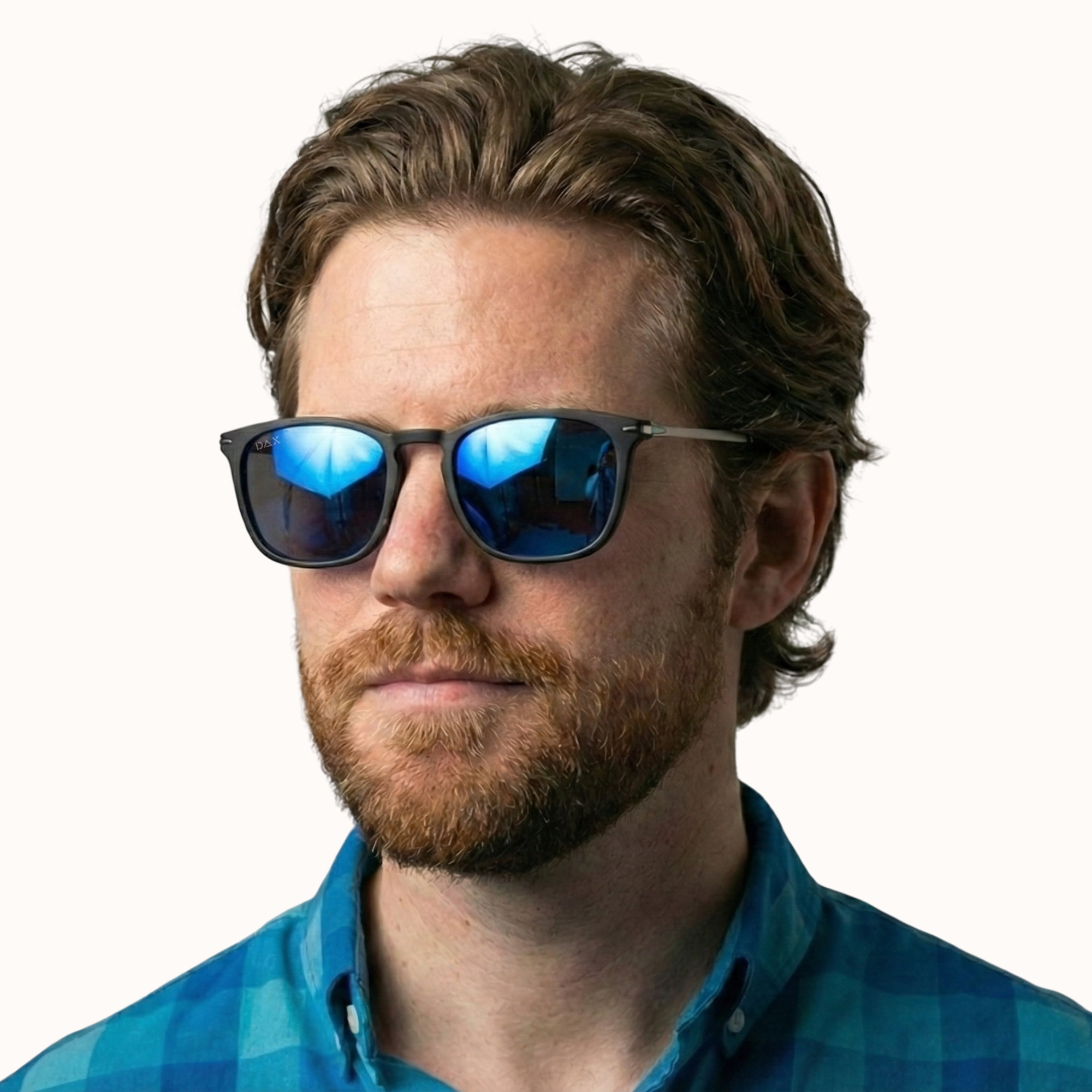 Man wearing blue sunglasses with a neutral background