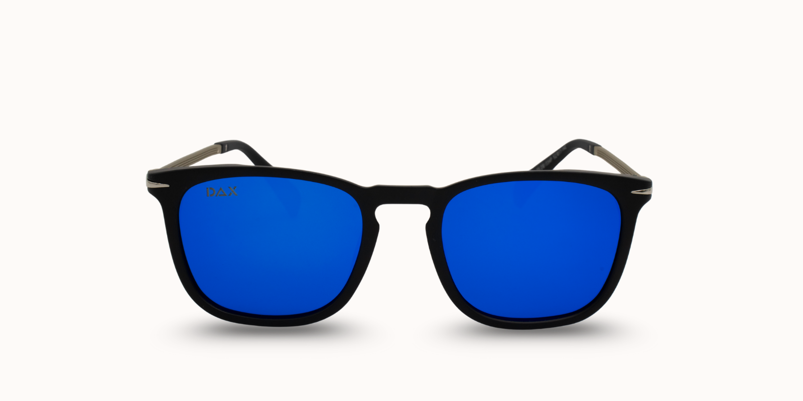 Black sunglasses with blue lenses on a white background
