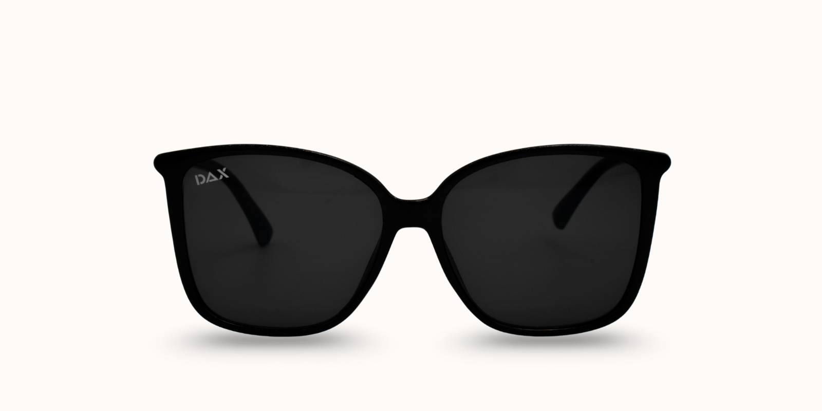 Black sunglasses with a brand logo on a white background