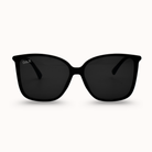 Black sunglasses with a brand logo on a white background