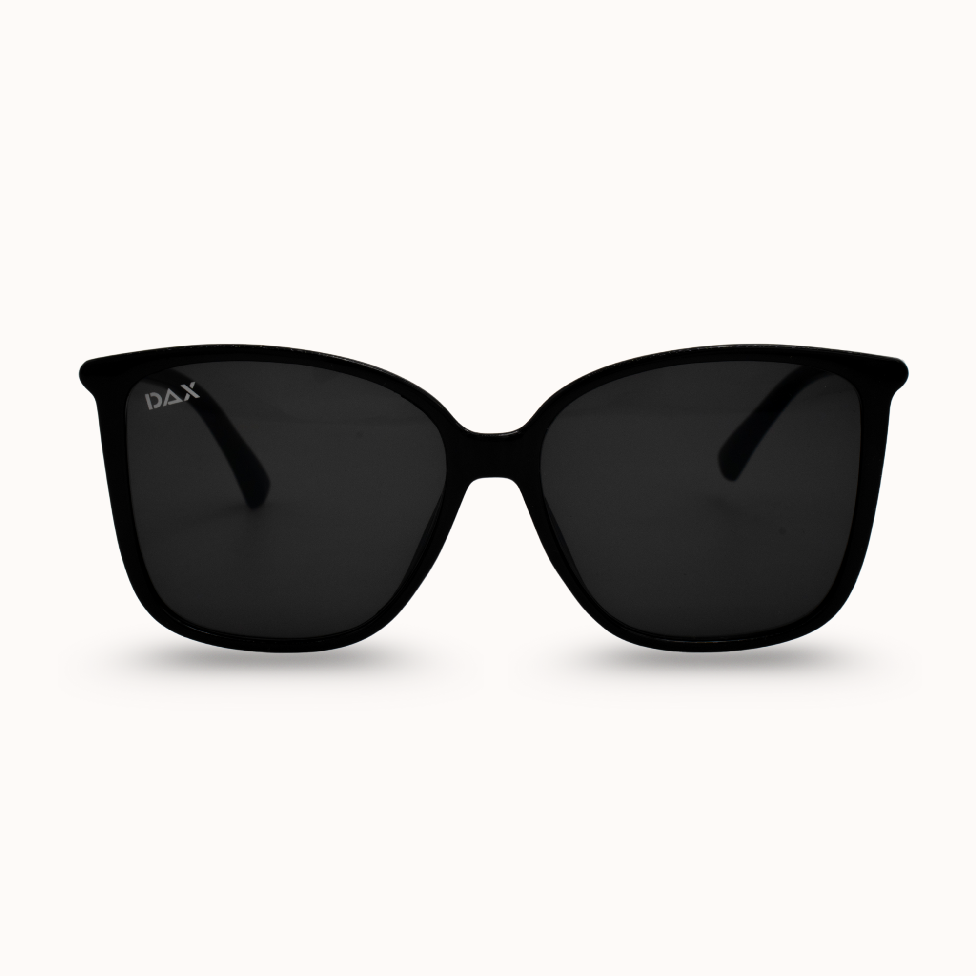 Black sunglasses with a brand logo on a white background