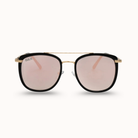 Sunglasses with black frames and pink lenses on a white background