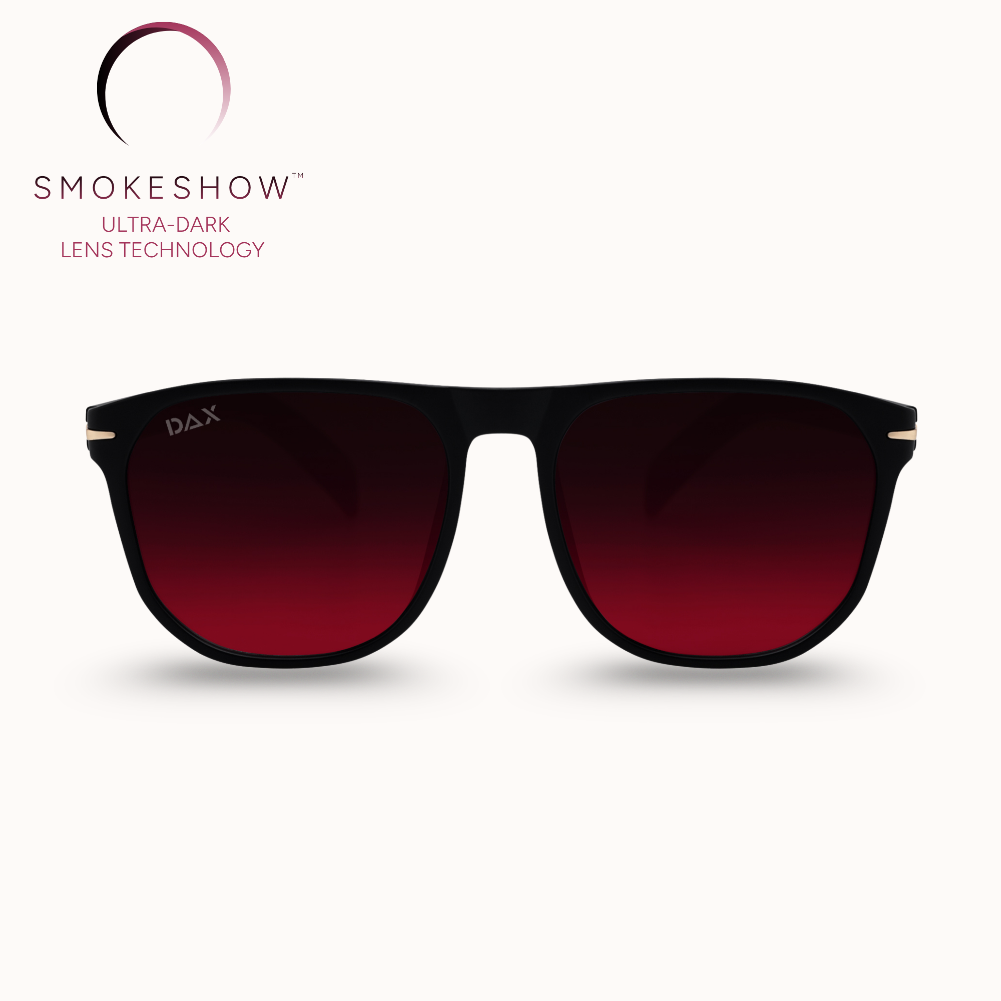 Sunglasses with red gradient lenses on a white background, featuring the Smokeshow brand.