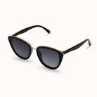 Black cat-eye sunglasses with gold accents on a white background