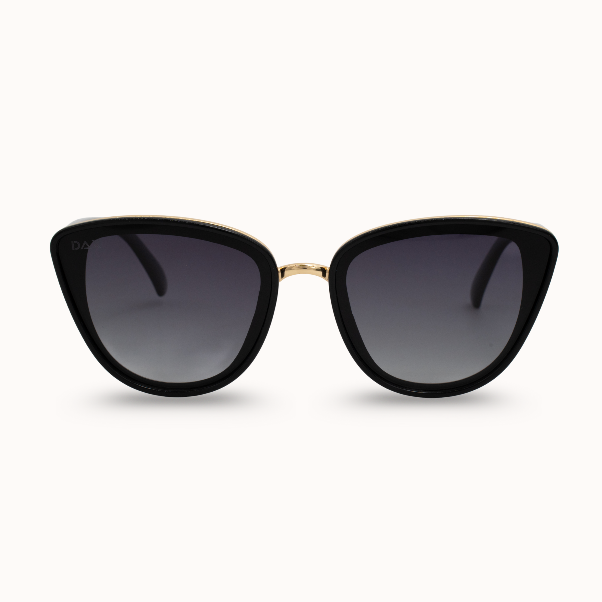 Black cat-eye sunglasses with gold frame on a white background