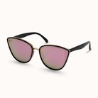 Sunglasses with black frame and pink lenses on a white background