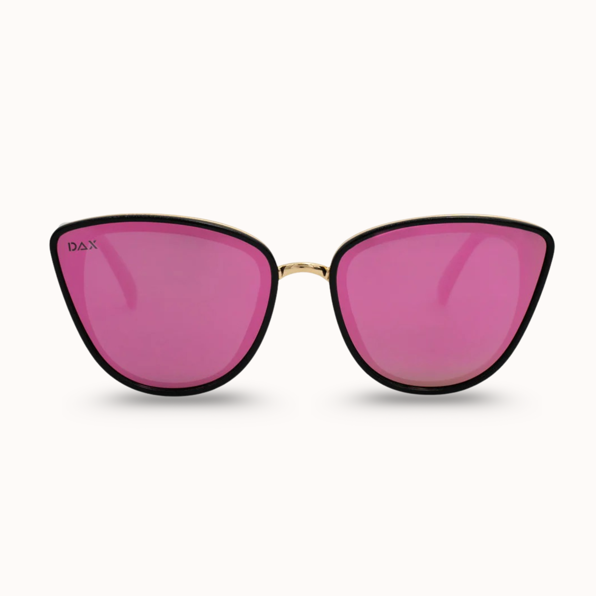 Sunglasses with pink lenses and black frames on a white background