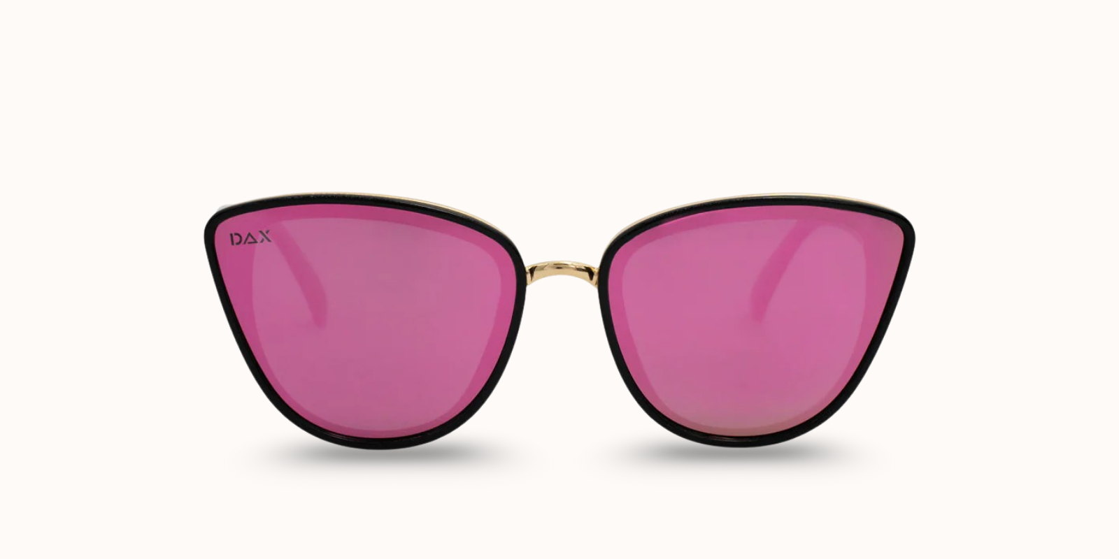 Sunglasses with pink lenses and black frames on a white background