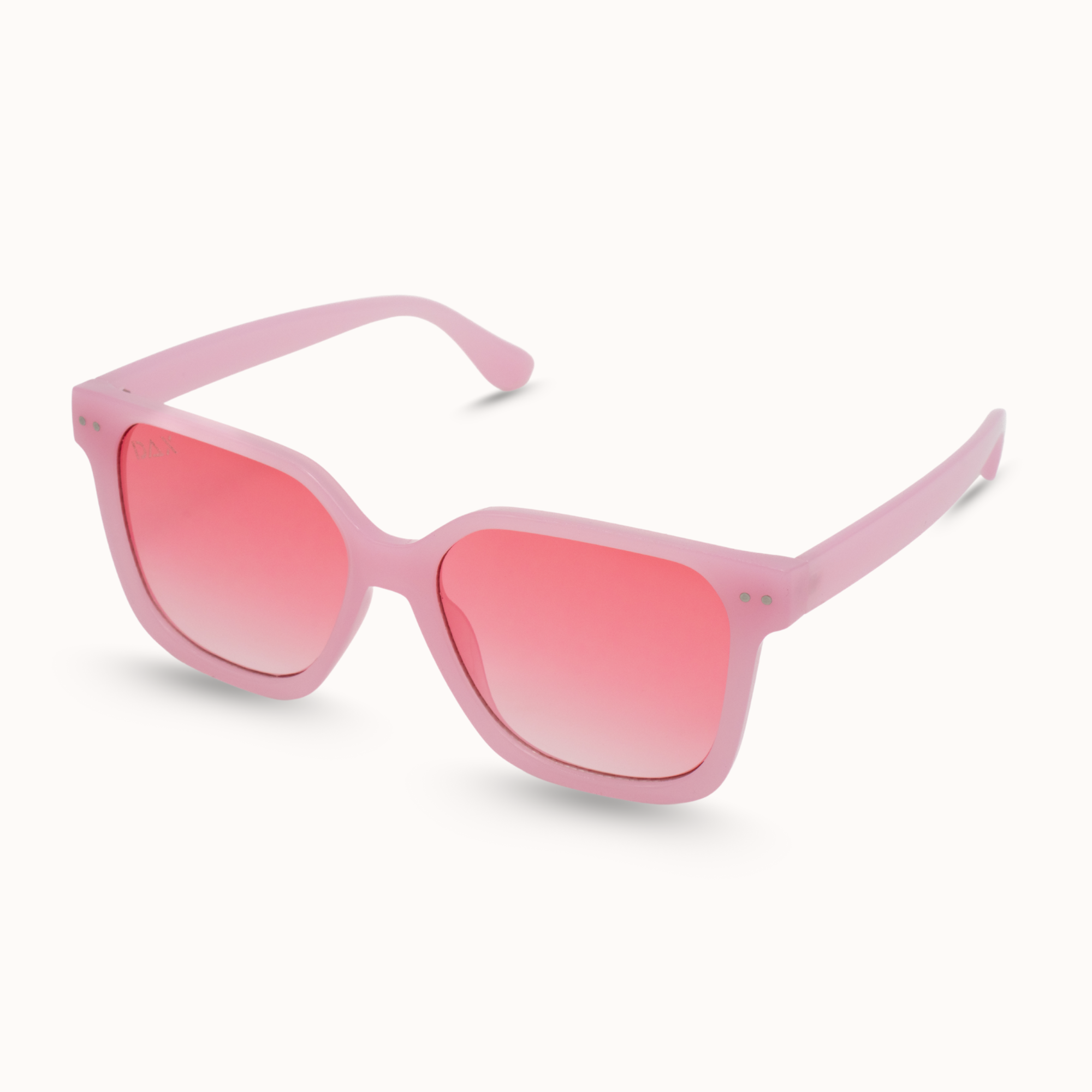 Pink sunglasses with red lenses on a white background