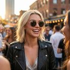 Woman wearing round sunglasses and a black leather jacket in an urban setting