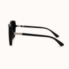 Black sunglasses with thin black arms on a white background