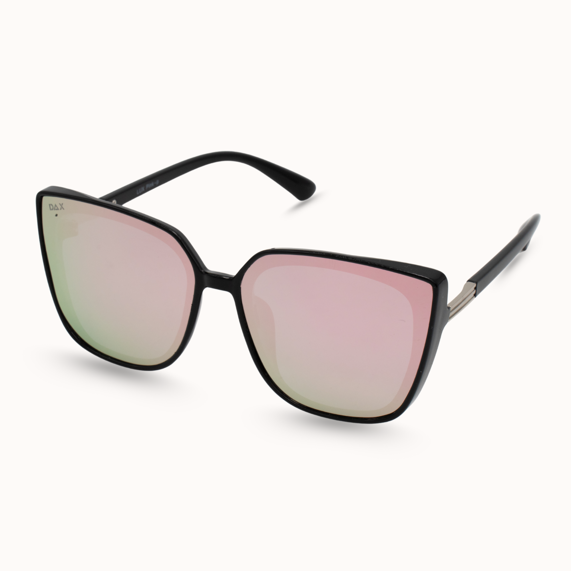 Sunglasses with black frame and pink-tinted lenses on a white background