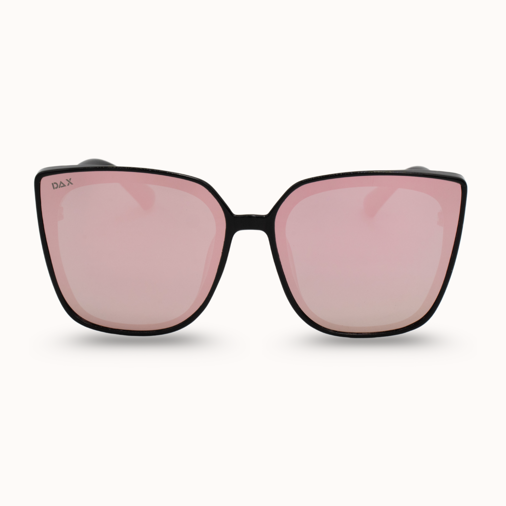 Sunglasses with pink lenses and black frames on a white background